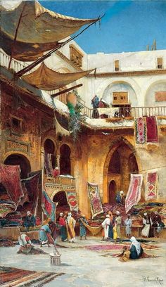 an oil painting of people hanging and rugs on the outside of a building,