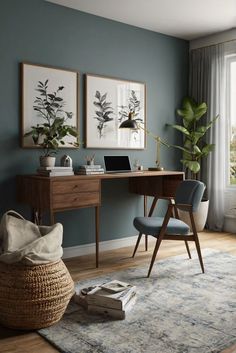 a home office with blue walls and wooden furniture, plants on the wall, and an area rug