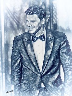 a drawing of a man wearing a suit and bow tie