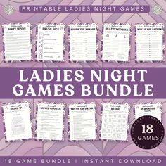 Bring the fun to your next girls' night with these epic printable ladies night games! Toast to unforgettable memories with these ladies night party games.  Perfect for any ladies wine night, galentines games celebration, ladies night in games, girls night out, or girls weekend. This bundle is your go-to for having an awesome ladies night in. You'll receive 18 fun games for women designed to suit every mood and theme of your ladies night.  From Bingo to Dirty Minds, to the revealing truths of Nev Ladies Wine Night, Ladies Night Party Games, Bingo Movie, Good Conversation Starters, Printable Bachelorette Party Games, Ladies Night Games, Fun Bachelorette Party Games, Games For Women, Ladies Night In