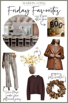 a collage of fall fashion items with the words friday favorites written on them