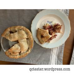 two plates with pies on them sitting next to each other