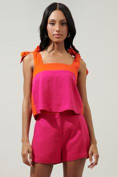 Viceland Tie Strap Color Block Crop Top – Sugarlips Coord Shorts Set, Trendy Coord Set, Bright And Bold Outfits, Casual Pink Square Neck Tank Top, Square Neck Top With Tie Straps For Day Out, Square Neck Tops With Tie Straps For Day Out, Casual Square Neck Top With Tie Back, Summer Square Neck Top With Tie Straps, Sleeveless Color Block Tops For Vacation