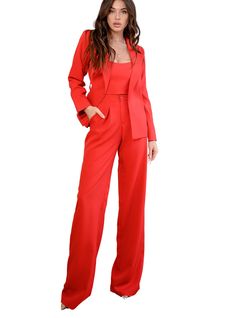 For tall women  Pants inner seam length is 37,4 inches or 95 cm - 3 piece pants suit set - wrap blazer, corset top and high rise pants - Blazer is not lined  - for business women - for official meetings, Special Occasions Suits are available in 4 major sizes according to our size chart. Models are wearing a size S Available in 4 sizes: XS=2 US numeric  BUST 32-34 inches or 82-86 cm WAIST 23-24.8 inches or 59-63 cm HIPS 33-35 inches or 86-90 cm S=4 US numeric  BUST 34-35 inches or 86-90 cm WAIST Red Notch Lapel Pantsuit For Fall, Elegant Red Pantsuit With Straight Pants, Red Wide-leg Pantsuit For Formal Occasions, Red Spring Formal Pantsuit, Red Notch Lapel Set For Fall, Red Tailored Sets For Parties, Red Notch Lapel Pantsuit For Party, Tailored Red Sets For Party, Red Fitted Straight Pantsuit