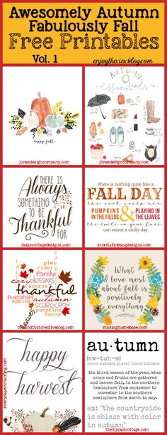 an autumn printable is shown with the words, phrases and pictures below it in different font