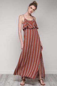 Striped Maxi Dress in Terra Cotta - Hippie Vibe Tribe Striped Maxi Dress For The Beach, Striped Maxi Dress With Vertical Stripes For The Beach, Summer Striped Maxi Dress For Day Out, Striped Summer Maxi Dress For Day Out, Chic Maxi Dress With Vertical Stripes For Vacation, Striped Casual Maxi Dress For Day Out, Casual Striped Maxi Dress For The Beach, Spring Vertical Striped Maxi Dress, Casual Striped Maxi Dress For Day Out