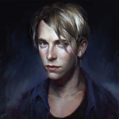 a painting of a man with blonde hair and blue shirt looking to his left side