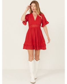 Model is 5'8" wearing a size small Self: 65% rayon / 35: polyester ; Trim: 100% polyester ; Lining: 100% polyester Lace Trim Mini Dress, Kids Cowboy Boots, Girl Cowboy Boots, Womens Work Boots, Boot Barn, Women's Circle, Skirts With Boots, Todays Outfit, Western Dresses