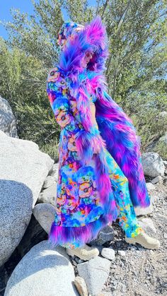 Electric Daisy Faux Fur Coat: Ignite Your Festival Spirit! Step into a world of vibrant energy and dazzling color with the Electric Daisy Fur Coat. Perfect for festivals and a bright, lively lifestyle, this coat will make you the star of any event. Electric Daisy Fur Coat bursts with purple, blue, pink, and turquoise neon colors, reflecting the vivacity and excitement of festival life. Power up your magic with this enchanting boho coat. This coat will be handmade for you in San Francisco. FEATUR Funky Multicolor Winter Outerwear, Funky Long Sleeve Winter Outerwear, Fitted Multicolor Long Outerwear, Multicolor Winter Outerwear For Costume Party, Multicolor Outerwear For Winter Costume Party, Funky Multicolor Fall Outerwear, Multicolor Outerwear For Fall Costume Party, Fitted Multicolor Winter Outerwear, Fitted Multicolor Long Coat