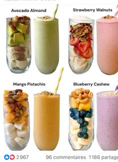 there are many different smoothies in glass cups