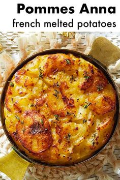 an overhead view of a baked potato casserole in a skillet with text overlay