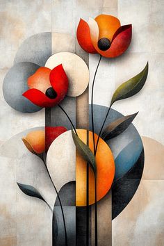 an abstract painting with flowers in it