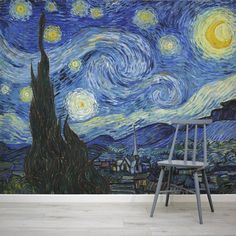 Starry Night By Van Gogh Wallpaper In Room With Blue Chair Van Gogh Illustration, Village Wallpaper, Wallpaper Interiors, Seaside Wallpaper, Starry Night Wallpaper, Van Gogh Wallpaper, Art Black Love, Tim Riggins, Famous Art Pieces