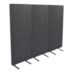 four partitions with black metal legs and grey fabric covering on each side, set against a white background