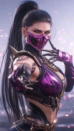 a woman with long black hair wearing purple armor