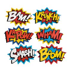 some type of stickers that are in the shape of comic book characters and words