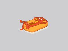 a hot dog with mustard and ketchup on it's side laying down