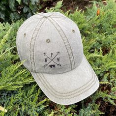 PNW Design Embroidered on Green Distressed Baseball Caps, Summer Adventure Hats Personalized, Unique Father's Day Gifts for Him, Granola Girl Apparel, Women Hiking Outfit Accessories for Ladies - CUSTOM TEXT available on the back of cap, above strap opening. - THREAD COLOR (optional): Choose a color for the *design and *custom wording on back & write into personalization box. Default: white or black thread for both, depending on cap color. - Custom wording on the back of cap will be embroidered Adventure Hat, Nature Gifts, Wash Baseball Cap, Hiking Hat, Amazing Scenery, Basic Embroidery, Distressed Baseball Cap, Hiking Outfit Women, Caps For Men