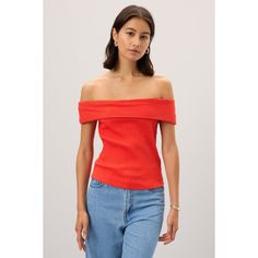 Red knit (56% Cotton, 40% Polyester, 4% Elastane). Top. Cap sleeves. Off the shoulder neckline. Pull-on closure. 22" from shoulder to hemline. Imported. Off Shoulder Fashion, Rent The Runway, Closet Designs, Ribbed Top, Off The Shoulder Top, Twist Front, Front Design, Flare Skirt, Vibrant Red