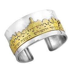 Jerusalem of Gold Cuff Bracelet in Silver Adjustable Open Band Bracelet With Polished Finish, Adjustable Polished Open Band Bracelet, Gold Sterling Silver Cuff Bracelet, Wide Band Yellow Gold Bracelets For Gift, Wide Band Yellow Gold Bracelets As Gift, Gold Sterling Silver Cuff Jewelry, Wide Band Engraved Bangle Gift, Engraved Wide Band Bangle As Gift, Polished Open Band Bangle As A Gift