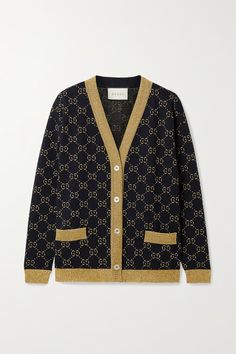 Gucci's cardigan showcases the interlocking GG monogram - arguably the house's most recognizable code. It's been jacquard-knitted in Italy from soft cotton-blend and has a relaxed fit that's defined by gold trims. Fasten every mother-of-pearl button to create a plunging neckline or leave them undone when layering it over the matching top. Gucci Cardigan, Jacquard Cardigan, Gucci Outfits, Gg Monogram, Gucci Shoulder Bag, Jacquard Knit, Knitwear Cardigan, Matching Top, Knit Cotton