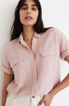 Made of supersoft (and best-selling) Lightspun double-layered cotton gauze, this button-up shirt has utilitarian rolled sleeves and flap pockets. But it feels like wearing a cloud. Easy and relaxed, it's an all-day kind of top. 27" front length; 29 1/2" back length (size Medium) Spread collar Short sleeves 100% cotton Machine wash, tumble dry Imported Madewell Shirts, Rolled Sleeves, Pocket Shirt, Short Sleeve Button Up, High Point, Crop Shirt, Shorts With Pockets, Scarf Styles, Flap Pocket