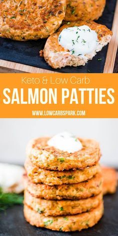 salmon patties stacked on top of each other and topped with sour cream in the middle