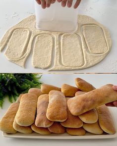 there are several different types of breads on the table and one is being rolled up