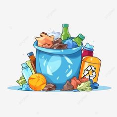 a blue trash can filled with bottles and other garbage, illustration, cartoon png and psd