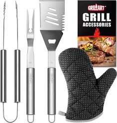 grill accessories including spatulas, tongs and oven mitts are on display