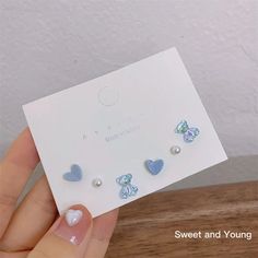 41966283554863 Jewelry Earings, Cute Korean Fashion, Korean Fashion Cute, Earrings Cool, Purple Cute, Cute Stud Earrings, Heart Rhinestone, Earrings Sets, Blue Tulips