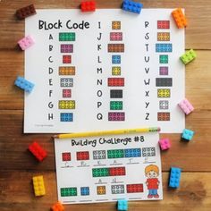 two sheets of lego blocks with the words block code and building challenge written on them