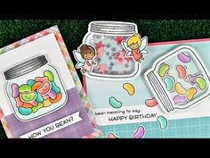 two cards, one with a jar of candy and the other with a card saying how you be happy