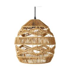 a light fixture made out of wicker and hanging from a black metal rod on a white background