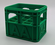 a green plastic crate with the letters aa on it's side and an upper letter at the bottom