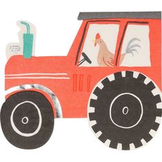 a paper cut out of a red truck with a chicken on it's side