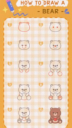 the instructions for how to draw a bear on a checkered tablecloth with an orange background