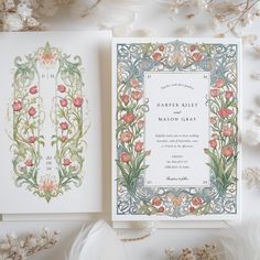 two wedding cards with floral designs on them