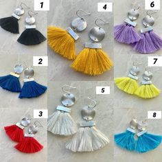 "These Gorgeous tassel fan earrings will make a great statement piece for any outfit. Available in eight colors, Choose color at checkout. Materials: Matte Brushed Silver plated brass disk, Sterling silver or Silver plated ear wire Size: 2\"L (including ear wire) X 1\" W Your purchase comes in a beautiful box that is ready to give as a gift or to keep for yourself. **Want a custom design? Just ask! The custom made jewelry is sure to make the owner feel like a super star. We love mixing finishes. Silver Tassel Earrings With Fringe As Gift, Silver Tassel Earrings With Latkans For Gift, Silver Tassel Earrings With Latkans As Gift, Yellow Tassel Earrings, Tiny Heart Earrings, Silver Tassel Earrings, White Tassel Earrings, April Birthstone Necklace, Silver Ball Necklace