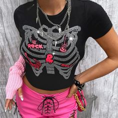 Rock And Roll Black Rhinestone T-Shirt Size Xl But Fits Like A Medium Gothic Tops With Letter Print, Fitted Black T-shirt With Rhinestones, Punk Style Graphic T-shirt For Parties, Y2k Skull Print Tops For Alternative Fashion, Black Rhinestone T-shirt For Streetwear, Black Rhinestone T-shirt For Party, Punk Graphic Print Tops For Party, Black Rock Style Tops For Halloween, Rock Style Graphic Print Top For Halloween