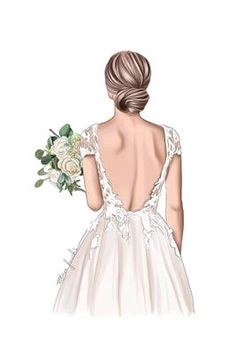 the back of a woman's dress with flowers in her hair, holding a bridal bouquet