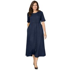 This button-front dress is so pretty and so comfy. Made in a soft knit, the t-shirt style top has elbow sleeves and is paired with a gathered waist to create a full skirt with a lovely sweep. Completely versatile, style it any way you desire with sandals, heels, sneakers or flats. Side seam pockets Regular: 48" length falls at mid-calf Petite: 46" length falls at mid-calf Cotton/poly, imported. Machine washable. Size: 4X (34-36).  Color: Blue.  Gender: female.  Age Group: adult. Shirt Style Tops, Maxi Bodycon Dress, Heels Sneakers, Dress Pockets, Essential Dress, Mini Skater Dress, Woman Within, Plus Size Maxi Dresses, Mini Shift Dress