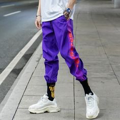 FREE SHIPPING Streetwear Harem Pants Side Anime Print JKP4636 Purple Joggers Outfit, Harem Pants Hip Hop, Mens Vest Casual, Purple Joggers, Hip Hop Trousers, Men's Trench Coat, Bicycle Clothing, Men's Windbreaker, Trendy Mens Fashion