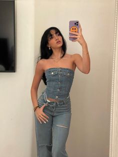 Denim on denim | @ mariaboloo Corset And Jeans Outfit, Button Up Corset, Bustier Outfit, Jeans Corset, Jean Top Outfits, Layered Skirts, All Denim Outfits, Denim On Denim Outfit