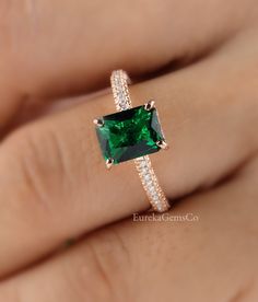 Rectangular Solitaire Emerald Jewelry, Square Cut Jewelry With Accent Stones For Wedding, Wedding Emerald Ring With Square Cut, Wedding Emerald Cut Ring With Gemstone Accents, Rectangular Emerald Gemstone Rings, Rectangular Emerald Solitaire Ring, Square Cut Emerald Jewelry With Accent Stones, Radiant Cut Gemstone Jewelry For Proposal, Emerald Rings With Prong Setting, Rectangular Shape