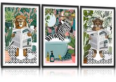 three framed art prints depicting animals reading in the bathtub and drinking wine, one with a monkey on it's head