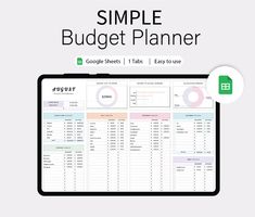 the simple budget planner is displayed on a tablet with an arrow pointing up to it