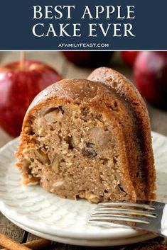 a piece of apple cake on a plate with a fork