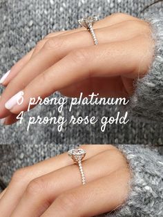 a woman's hand with an engagement ring and the words prong platinum,