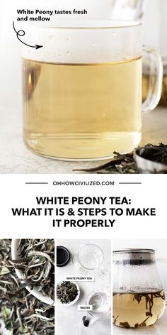 white peony tea in a glass cup with its contents and instructions to make it properly